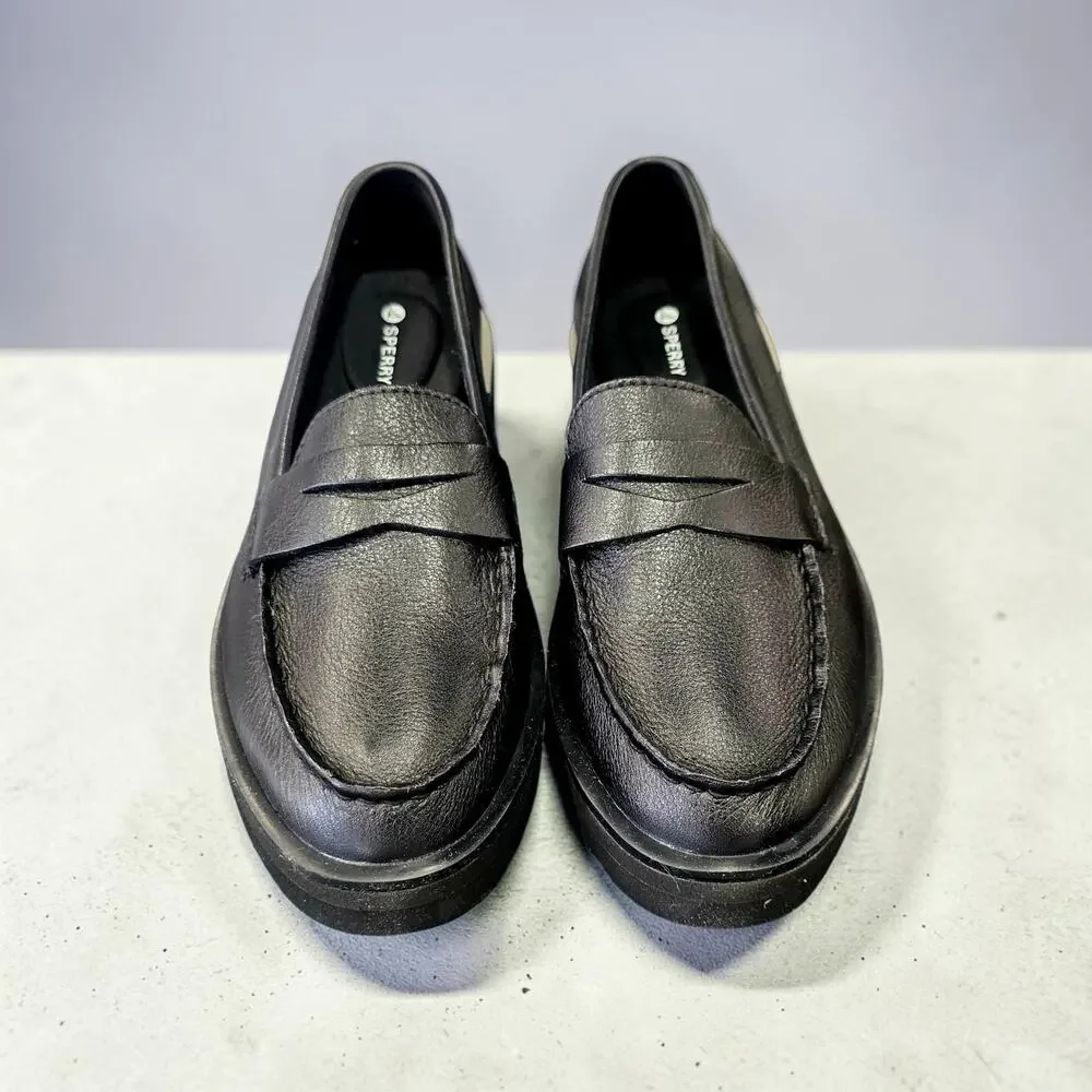 Sperry Chunky Penny Loafers Black Leather Platform Lug Sole Womens Size 6.5 NIB